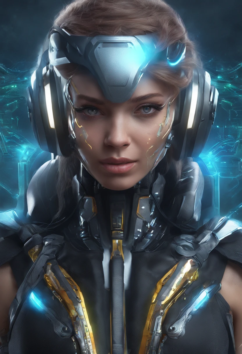 (female Protogen),cyberpunk,mechanical,glowing eyes,metallic surface,digital display,advanced technology,futuristic,neon lights,electromagnetic field,sharp edges,streamlined design,digital organism,biomechanical,mysterious atmosphere,glass visor,enhanced senses,energetic pose,invisible circuits,holographic projections,colorful wires,female cyborg