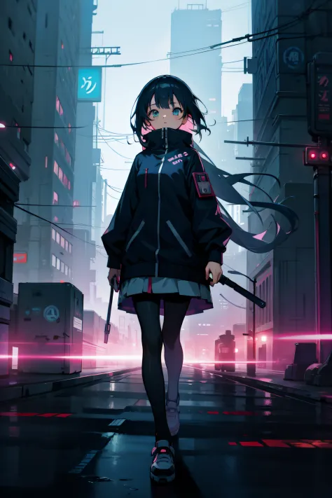 Cute anime girl in a cyberpunk city with multiple layers of city landscape as background, looking at the viewer,