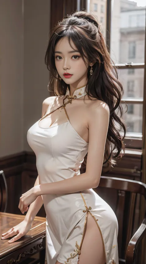 （From the outside） （shiny skins）， many color，Best quality at best，tmasterpiece，photograph of-realistic，Complicated details，RAW photogr，Court，Gorgeous cheongsam in many colors，Extra-long hair，cropped shoulders，delicated face，Expose cleavage，decorations，Stan...