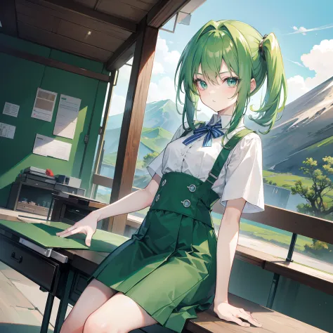 (High quality hd)Animating girl with green hair and eyes , sitting on a desk , wearing tomboy outfits , on top of mountain Fuji