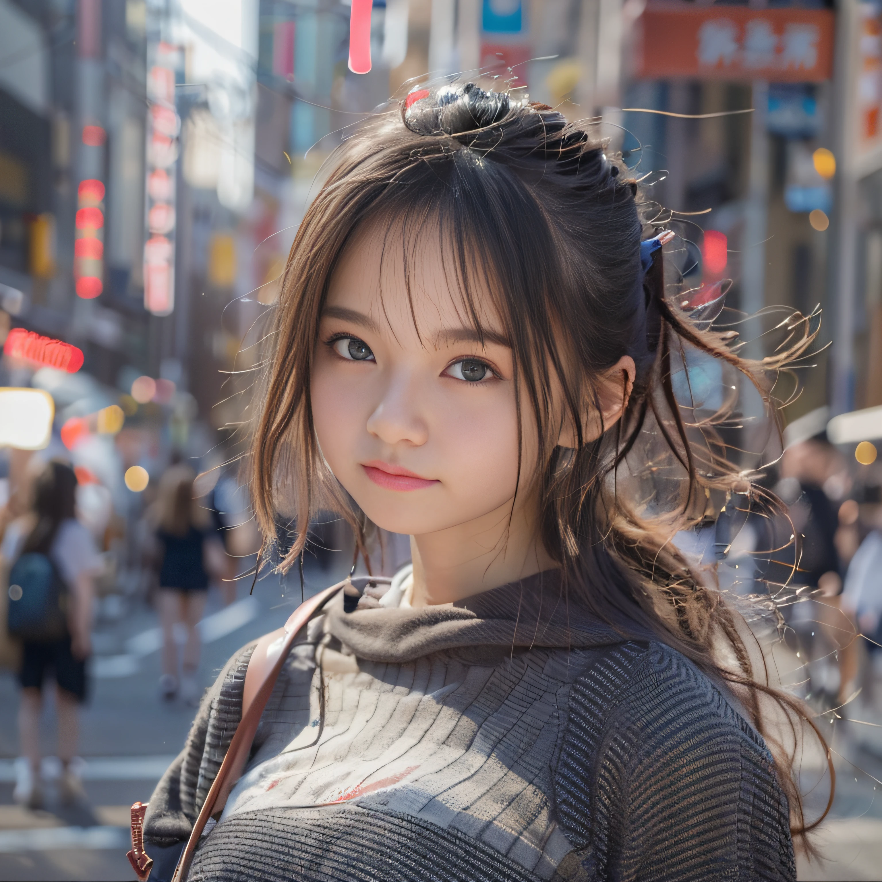 女の子1人、on tokyo street、A city scape、The upper part of the body、a closeup、A smile、、(8K、Raw photography、top-quality、​masterpiece:1.2)、(realisitic、photoRealstic:1.37)、Highly detailed eyelash drawing、(((Top image quality))),Colossal 、Fine skin, (Beautiful hair), (Perfect Anatomy), (Realistic), (Dynamic Angle), Pose Seductive,Perfect,Sensual look、top-quality、hight resolution、