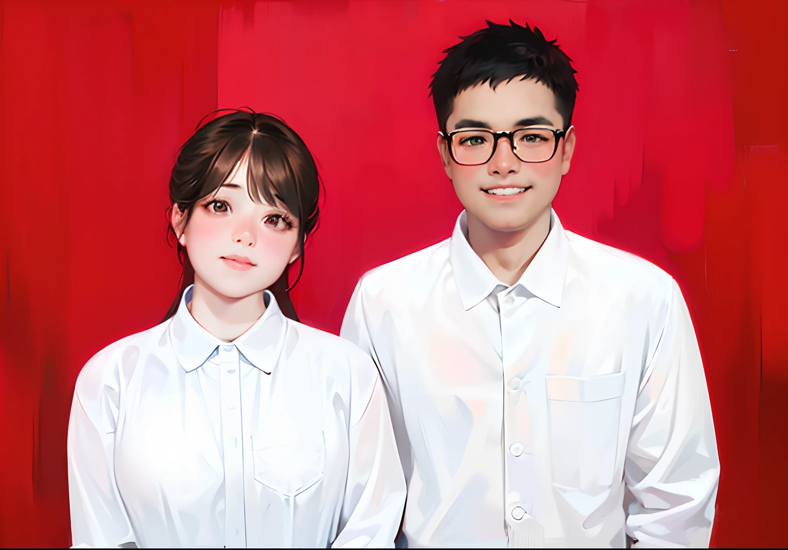 they are posing for a picture in front of a red background,, portrait of two people, close - up studio photo, Happy young couple, graduation photo, cute couple, couples portrait,couples portrait，Young man with glasses，The young woman's face is slightly chubby，Animated style