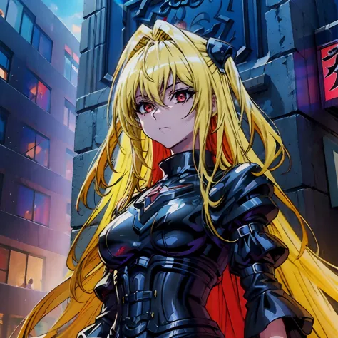 Yami the Golden Darkness as an adult, wearing satin black battle dress with silver accents, staring at another person, messy lon...