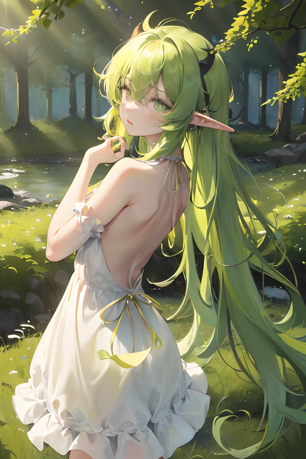 (masterpiece), top quality, super high resolution, cute facial features, flat design, yellow theme, lime green hair, sharingan eyes, (sleepy eyes: 1.1), (cute yellow night dress), cute, one hand on face, animating on an ipad disheveled long hair, green hair ,elf ears, demon horns ,full body, (simple dark forest back ground