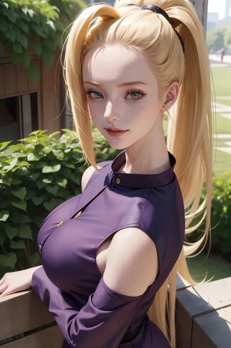 1girl, yamanaka ino in anime naruto, long hair, yellow hair, green eyes, smile, beautiful, sexy dress, sexy clothes, purple clot...