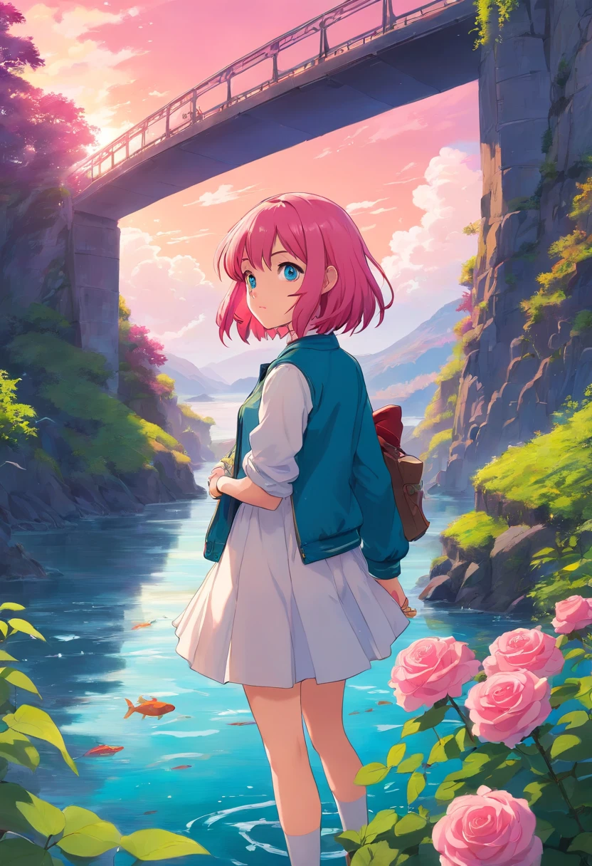 (arielpstyle:1.0) beautiful, fantasy, painting, lovecraftian, , , ameinu, pink hair, flower, highres, jacket, blue eyes, red flower, red rose, rose, shirt, short hair, white shirt, bridge, pink sky, river flowing below bridge