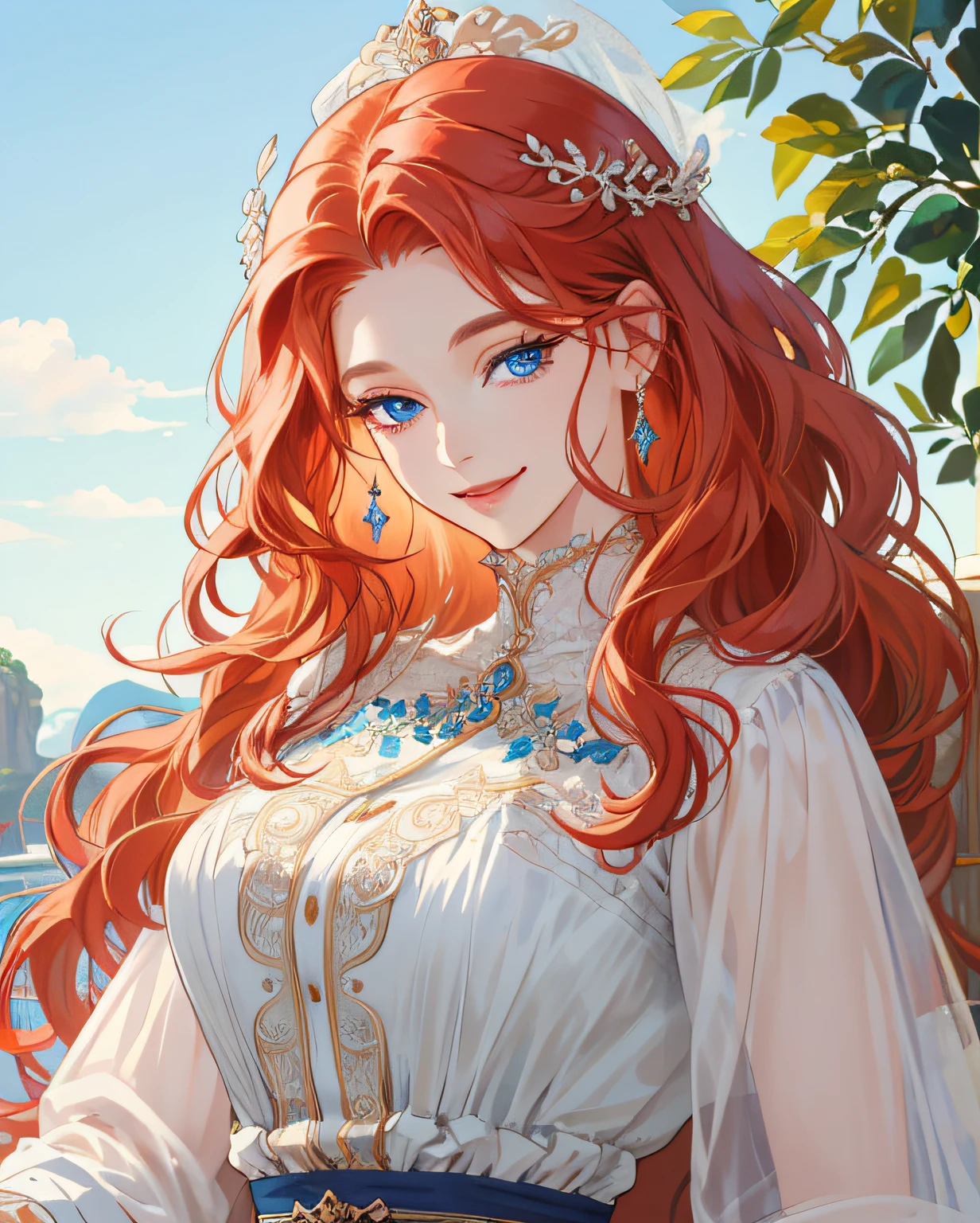 (extremely delicate and beautiful:1.2), 8k,(masterpiece:1.0),(best_quality:1.0), 1girl, mature woman, complex details, enlarged textures, complex details, finely detailed eyes and detailed face, intricate details, long redhead wavy hair, smile face, perfect eyes (blue eyes), equal eyes, sharp look, (goddess)