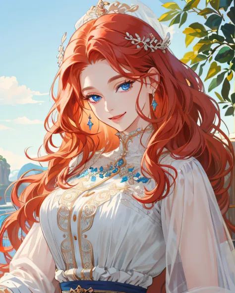 (extremely delicate and beautiful:1.2), 8k,(masterpiece:1.0),(best_quality:1.0), 1girl, mature woman, complex details, enlarged textures, complex details, finely detailed eyes and detailed face, intricate details, long redhead wavy hair, smile face, perfec...