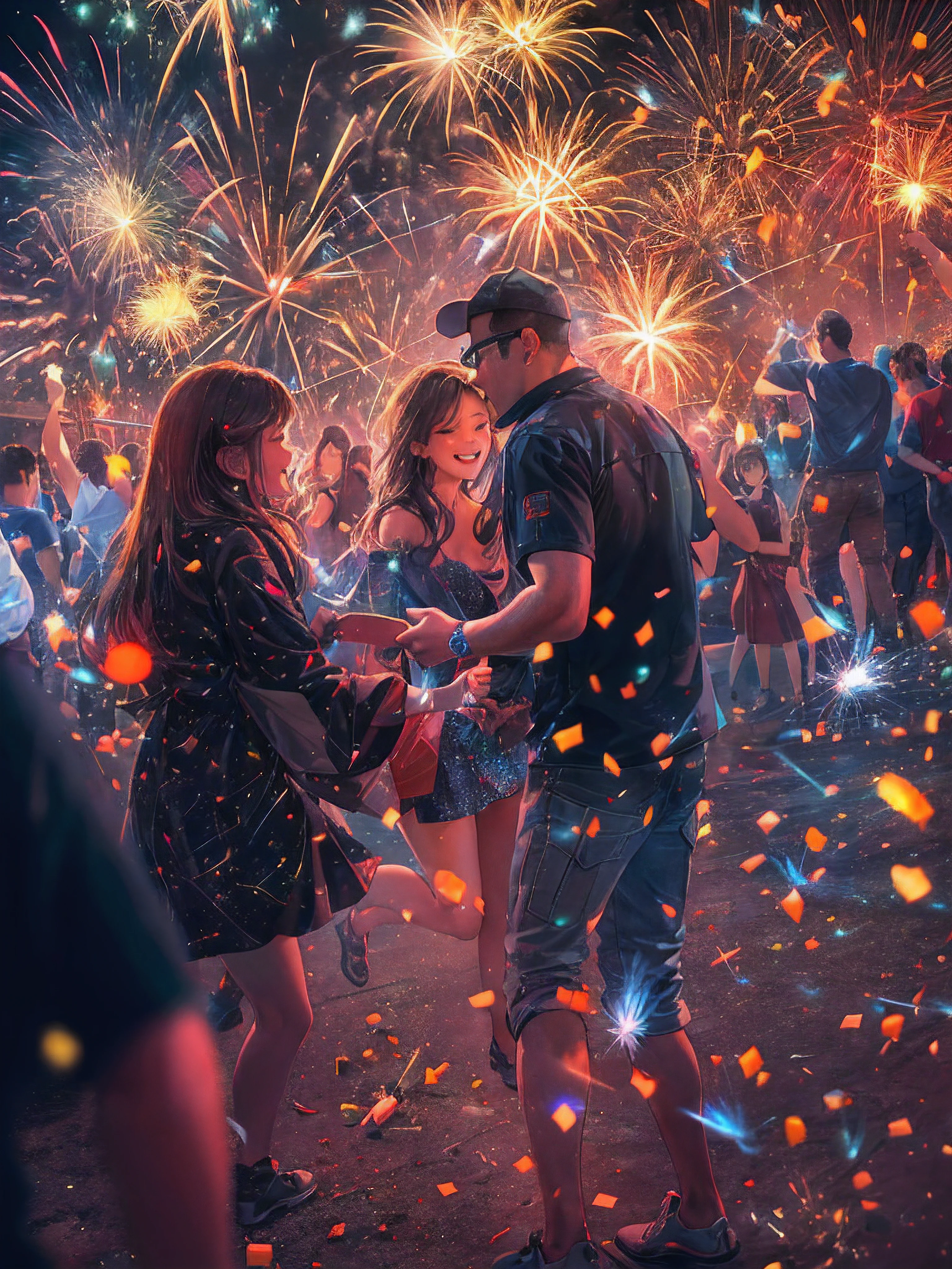 (best quality, 4k, 8k, highest, masterpiece:1.2), ultra-detailed, (realistic, photorealistic, photo-realistic:1.37), vibrant colors, explosive lights, colorful sparks, dazzling display, night sky, celebration, cheerful atmosphere, joyful, fireworks show, lit up city skyline, excitement, thrilling, bokeh, illumination, sparklers, glittering, electrifying, grand finale, loud explosions, spectators, amazement, firecrackers, pyrotechnics, multicolored bursts, awesome spectacle.