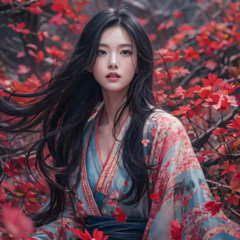 32K（tmasterpiece，k hd，hyper HD，32K）Long flowing black hair，ponds，zydink， a color， Tongzhou people （Spirit Girl）， （Red silk scarf...