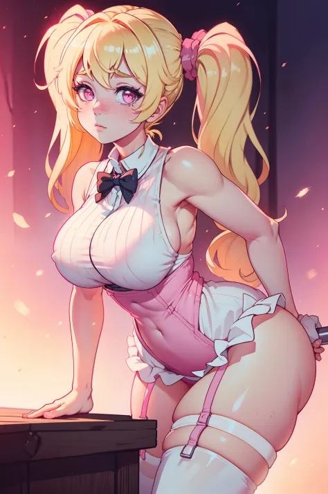 (a), 1girl, large breasted, blonde pigtails, pink sleeveless waitress outfit, white thigh high socks, braces, sexy, nsfw, (best quality:1.2), ultra-detailed, realistic, portraits, vivid colors, soft lighting, vibrant background