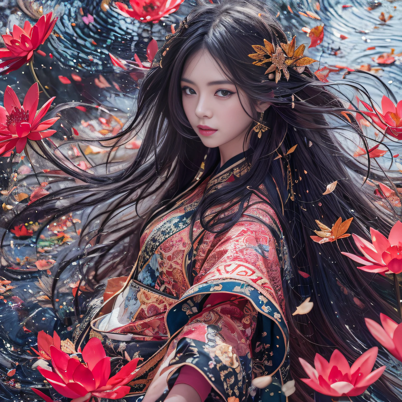 32K（tmasterpiece，k hd，hyper HD，32K）Long flowing black hair，ponds，zydink， a color， Tongzhou people （Spirit Girl）， （Red silk scarf）， Combat posture， looking at the ground， long whitr hair， Floating hair， Carp pattern headdress， Chinese long-sleeved clothing， （Abstract ink splash：1.2）， Pink petal background，Pink and white lotus flowers fly（realisticlying：1.4），Black color hair，Fallen leaves flutter，The background is pure， A high resolution， the detail， RAW photogr， Sharp Re， Nikon D850 Film Stock Photo by Jefferies Lee 4 Kodak Portra 400 Camera F1.6 shots, Rich colors, ultra-realistic vivid textures, Dramatic lighting, Unreal Engine Art Station Trend, cinestir 800，Long flowing black hair，Denim skirt