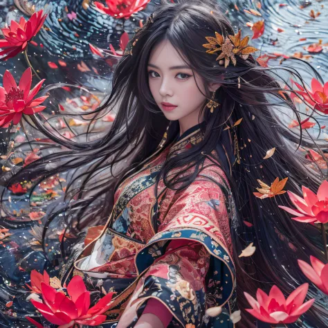 32K（tmasterpiece，k hd，hyper HD，32K）Long flowing black hair，ponds，zydink， a color， Tongzhou people （Spirit Girl）， （Red silk scarf...