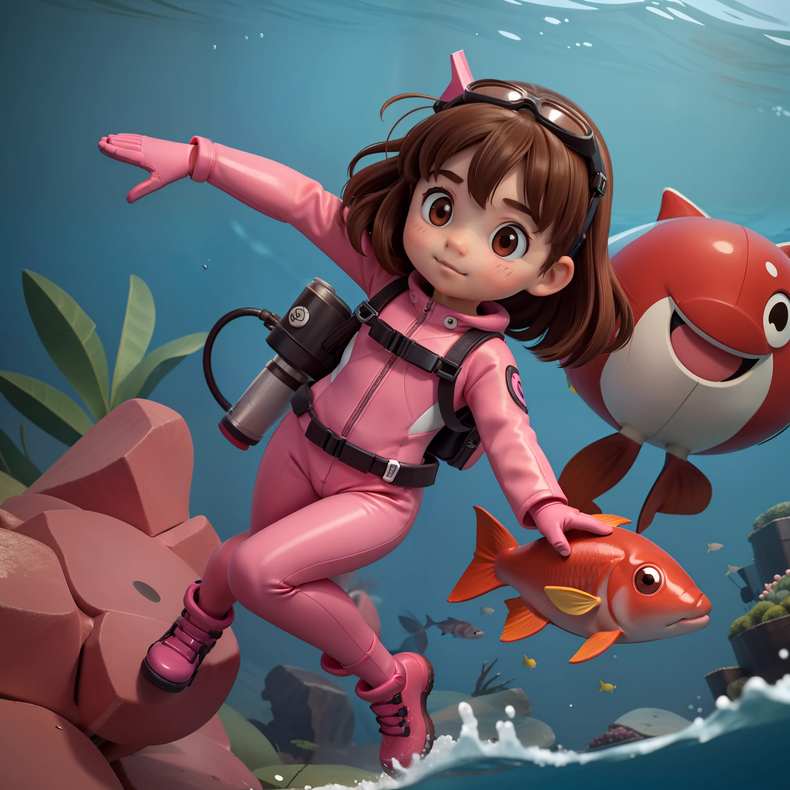 "Frontal image of a 5-year-old girl searching for fishes in the deep sea, with brown hair, brown eyes, rosy cheeks, diving goggles, pink diving suit, diving gloves, diving shoes, in a 2D illustration style of a children's book."