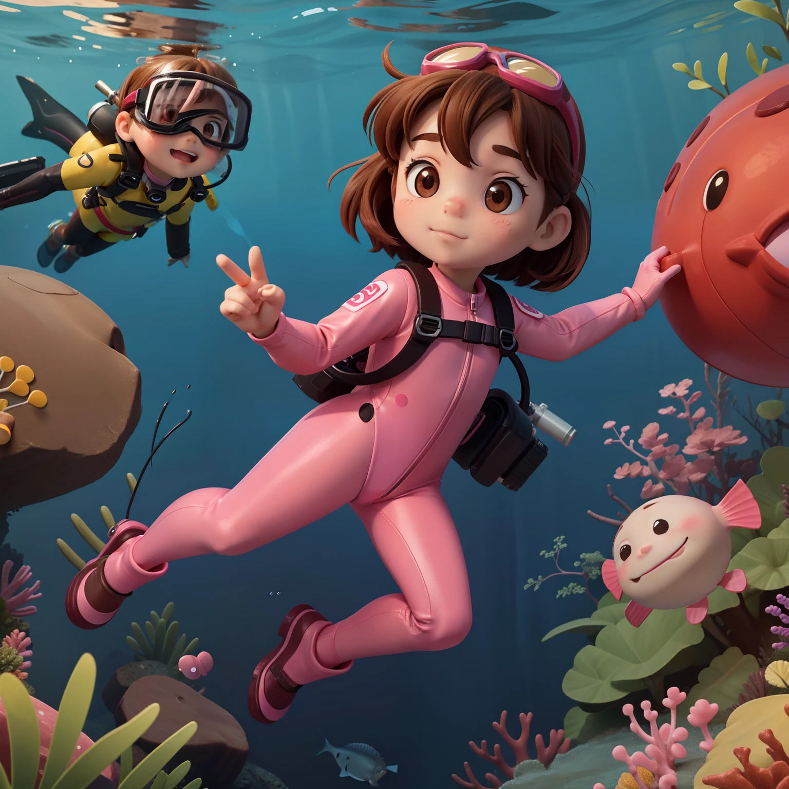 "Frontal image of a 5-year-old girl searching for fishes in the deep sea, with brown hair, brown eyes, rosy cheeks, diving goggles, pink diving suit, diving gloves, diving shoes, in a 2D illustration style of a children's book."