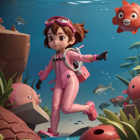 "Frontal image of a 5-year-old girl searching for fishes in the deep sea, with brown hair, brown eyes, rosy cheeks, diving goggl...