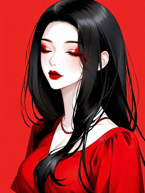1girl in, Solo, Jewelry, Black hair, Necklace, Red lips, Long hair, Closed eyes, lip stick, makeup, Upper body, Closed mouth, Red dress, Hair over one eye, 鎖骨, Dress,Red Theme,bad-girl, Large breasts,Shiny skin,(maturefemale),