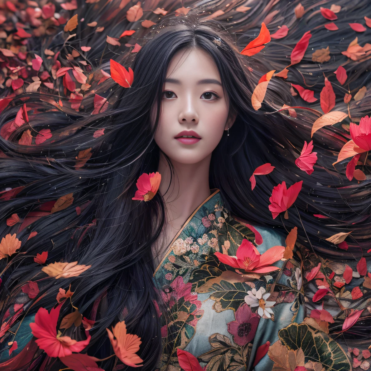 32K（tmasterpiece，k hd，hyper HD，32K）Long flowing black hair，ponds，zydink， a color， Tongzhou people （Spirit Girl）， （Red silk scarf）， Combat posture， looking at the ground， long whitr hair， Floating hair， Carp pattern headdress， Chinese long-sleeved clothing， （Abstract ink splash：1.2）， Pink petal background，Pink and white lotus flowers fly（realisticlying：1.4），Black color hair，Fallen leaves flutter，The background is pure， A high resolution， the detail， RAW photogr， Sharp Re， Nikon D850 Film Stock Photo by Jefferies Lee 4 Kodak Portra 400 Camera F1.6 shots, Rich colors, ultra-realistic vivid textures, Dramatic lighting, Unreal Engine Art Station Trend, cinestir 800，Long flowing black hair，Denim skirt