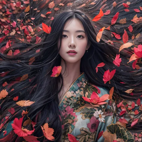 32K（tmasterpiece，k hd，hyper HD，32K）Long flowing black hair，ponds，zydink， a color， Tongzhou people （Spirit Girl）， （Red silk scarf...