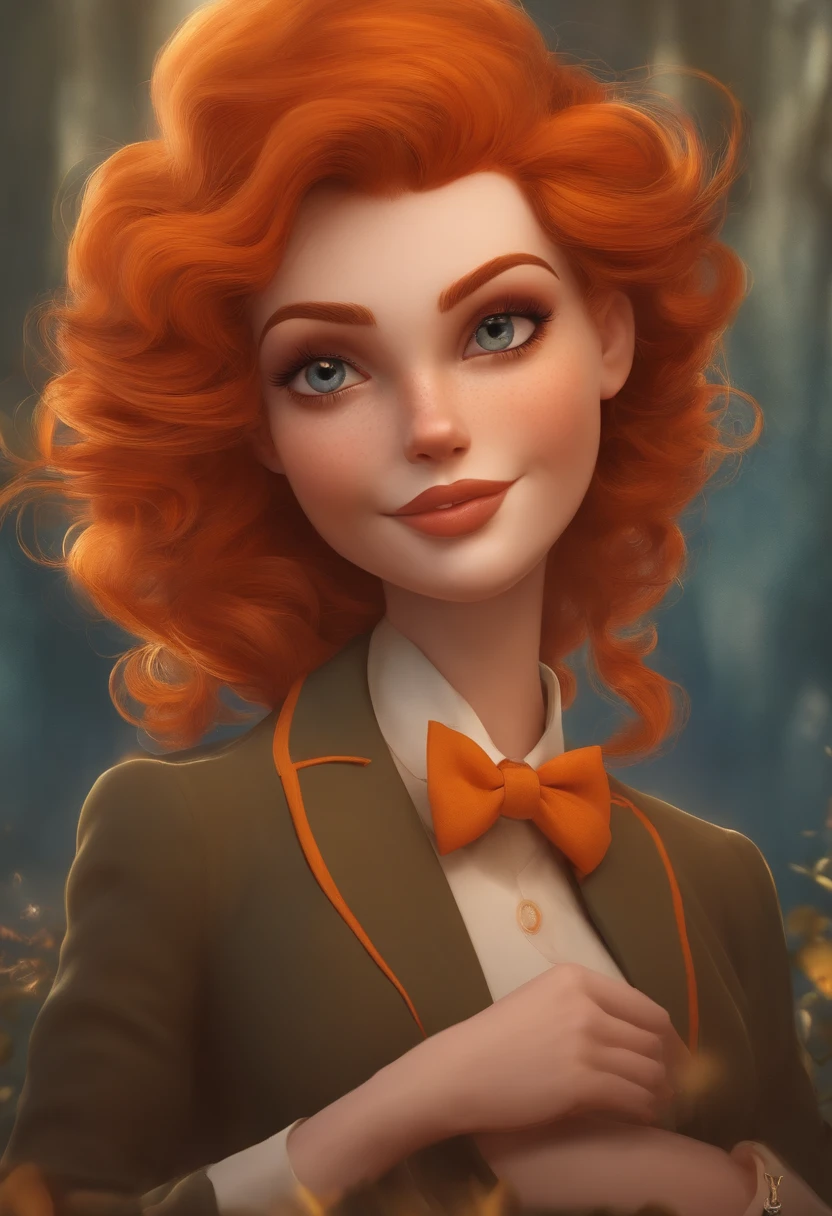 an orange head character, eyes locked, blush cheeks, Grinning, wearing a suit and a tie, style cartoon, strong traits