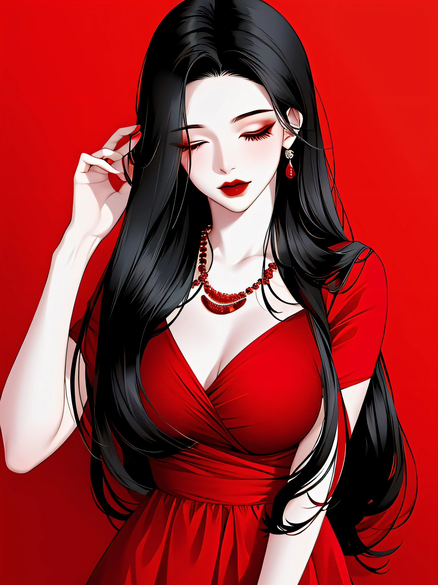 1girl in, Solo, Jewelry, Black hair, Necklace, Red lips, Long hair, Closed eyes, lip stick, makeup, Upper body, Closed mouth, Red dress, Hair over one eye, clavicle, Dress,Red Theme,bad-girl, Large breasts,Shiny skin,(maturefemale),