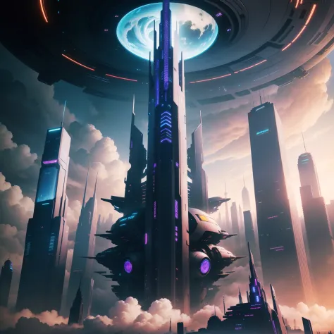 cyberpunked、Great civilization、ＳＦart by、Fantasia、futuristic cities、Huge skyscrapers lined up、planet earth、dream、Huge construction、top-quality、​masterpiece、HD Images、Beautiful future city、Height through the clouds