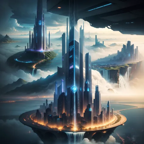 City of Water、water world、ＳＦart by、Fantasia、futuristic cities、Huge skyscrapers lined up、Super huge waterfall、dream、Huge construction、top-quality、​masterpiece、HD Images、Beautiful future city、Height through the clouds