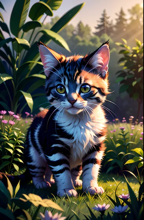 a stunning photo of a solo little kitten surrounded by plants in a flower meadow, 8k resolution concept art( intricate details:1...