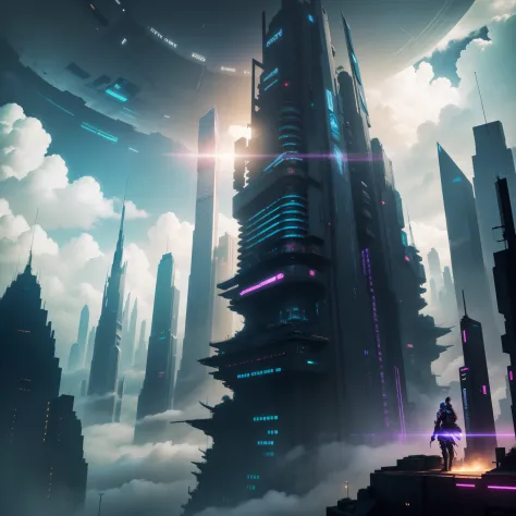 cyberpunked、Great civilization、ＳＦart by、Fantasia、futuristic cities、Huge skyscrapers lined up、Super huge waterfall、dream、Huge construction、top-quality、​masterpiece、HD Images、Beautiful future city、Height through the clouds