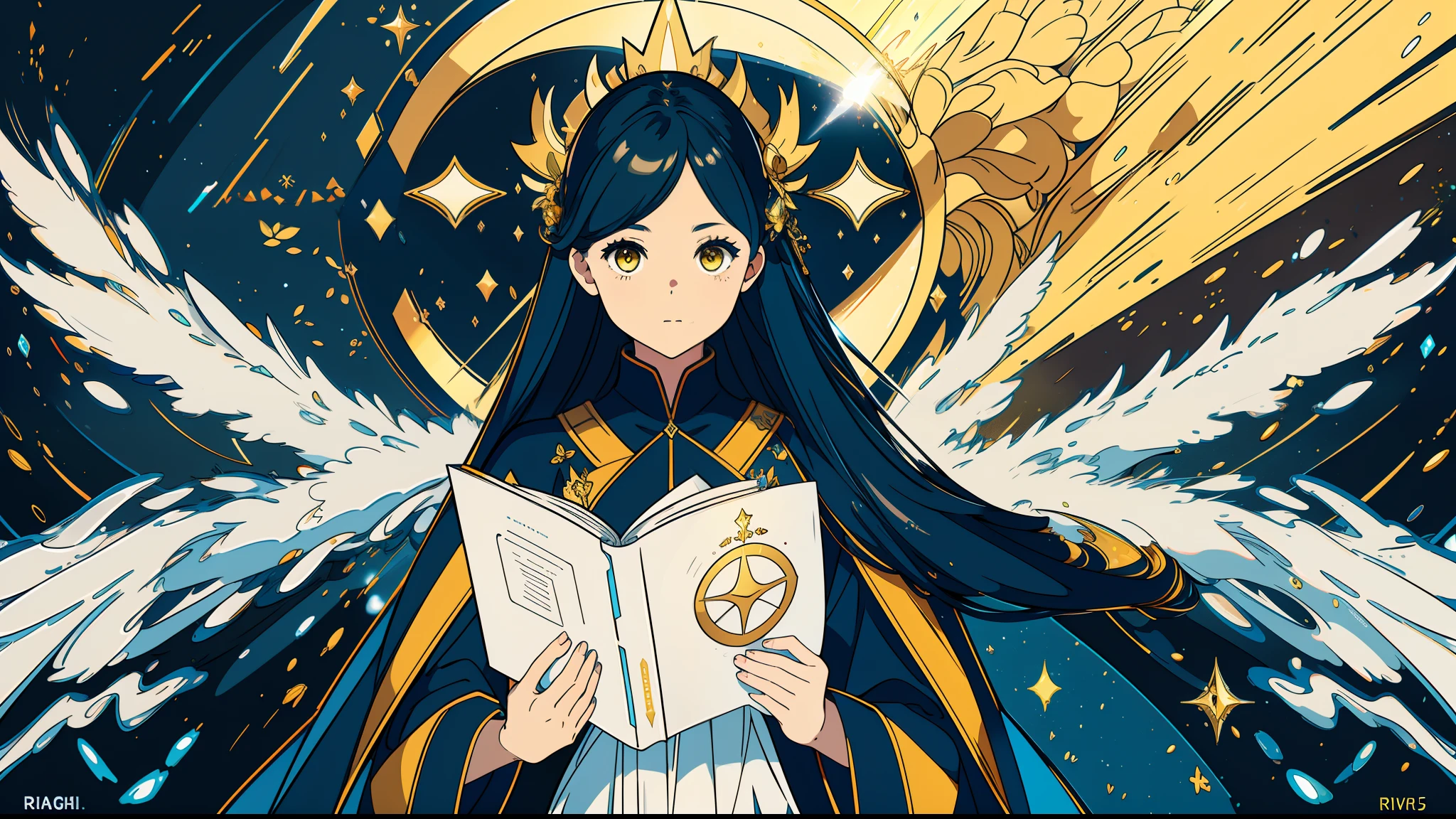 1 mature girl with long blue and yellow eyes with a big bible in her hand looking at camera, alone, High detail mature face, tie hair on the left side, golden eyes, full yellow cloak, black priest cloth, floating halo ring with radiance, high res, ultra sharp, 8k, masterpiece, smiling, fantasy world, magical radiance background ((Best quality)), ((masterpiece)), 3D, HDR (High Dynamic Range),Ray Tracing, NVIDIA RTX, Super-Resolution, Unreal 5,Subsurface scattering, PBR Texturing, Post-processing, Anisotropic Filtering, Depth-of-field, Maximum clarity and sharpness, Multi-layered textures, Albedo and Specular maps, Surface shading, Accurate simulation of light-material interaction, Perfect proportions, Octane Render, Two-tone lighting, Wide aperture, Low ISO, White balance, Rule of thirds,8K RAW, Aura, masterpiece, best quality, Mysterious expression, magical effects like sparkles or energy, flowing robes or enchanting attire, mechanic creatures or mystical background, rim lighting, side lighting, cinematic light, ultra high res, 8k uhd, film grain, best shadow, delicate, RAW, light particles, detailed skin texture, detailed cloth texture, beautiful face, 
(masterpiece), best quality, expressive eyes, perfect face,