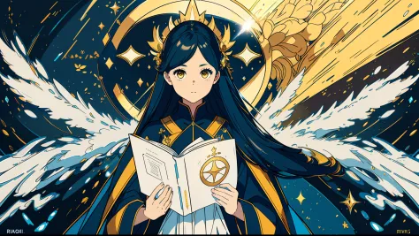 1 mature girl with long blue and yellow eyes with a big bible in her hand looking at camera, alone, High detail mature face, tie...