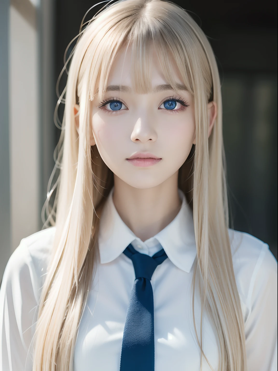 1 girl,  The most beautiful and cutest beautiful girl in the world 16 years old、Beautiful bangs、Very beautiful face、Cheek luster、bright expression、Big pale light blue eyes that shine like jewels、Bright and dazzling light blonde、eye liner、Super long straight hair、Eyebrows behind bangs、student clothes、School Uniforms、二重まぶた、textured white skin, high details, Best Quality, 4K high resolution、glowy skin