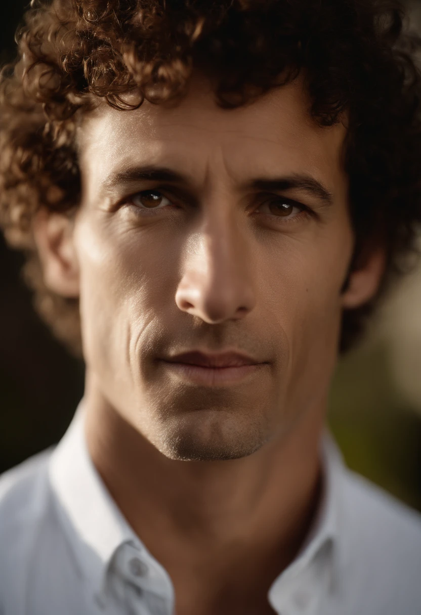 Cinematic portrait , a handsom man, Tall and fit, (40 years old:1.1), (shaven:1.2), (short brown fine curly hair :1.5),(very short fine curly hair:1.6). black tight suit, white shirt . Minimalistic background, clean composition, strong details, Muted Colours, Hasselblad, style raw