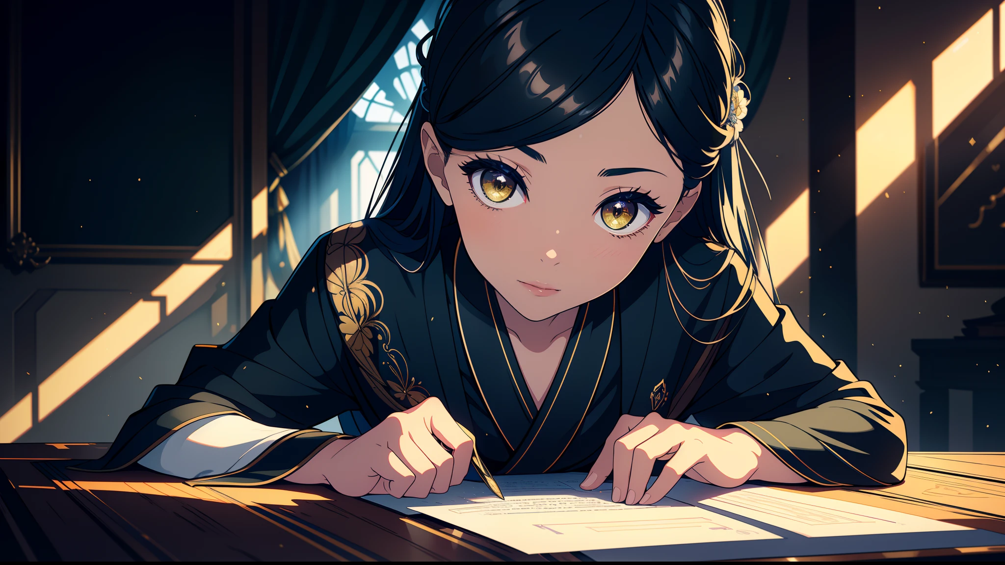 an alone mature girl with long blue and yellow eyes with reading a letter on the table, High detail mature face, tie hair on the left side, golden eyes, white sleep gown, royal private room, nights time, high res, ultra sharp, 8k, masterpiece, smiling, fantasy world, magical radiance background ((Best quality)), ((masterpiece)), 3D, HDR (High Dynamic Range),Ray Tracing, NVIDIA RTX, Super-Resolution, Unreal 5,Subsurface scattering, PBR Texturing, Post-processing, Anisotropic Filtering, Depth-of-field, Maximum clarity and sharpness, Multi-layered textures, Albedo and Specular maps, Surface shading, Accurate simulation of light-material interaction, Perfect proportions, Octane Render, Two-tone lighting, Wide aperture, Low ISO, White balance, Rule of thirds,8K RAW, Aura, masterpiece, best quality, Mysterious expression, magical effects like sparkles or energy, flowing robes or enchanting attire, mechanic creatures or mystical background, rim lighting, side lighting, cinematic light, ultra high res, 8k uhd, film grain, best shadow, delicate, RAW, light particles, detailed skin texture, detailed cloth texture, beautiful face, 
(masterpiece), best quality, expressive eyes, perfect face,