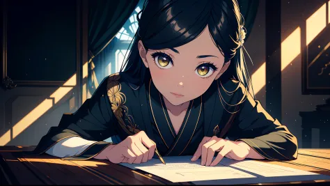 an alone mature girl with long blue and yellow eyes with reading a letter on the table, High detail mature face, tie hair on the...