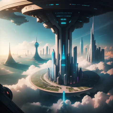 cyberpunked　epcot　futuristic cities　ＳＦArt Towering Above the Clouds　Huge skyscrapers　planet earth　dream　utopian　top-quality　​masterpiece　HD Images　A beautiful and beautiful futuristic city