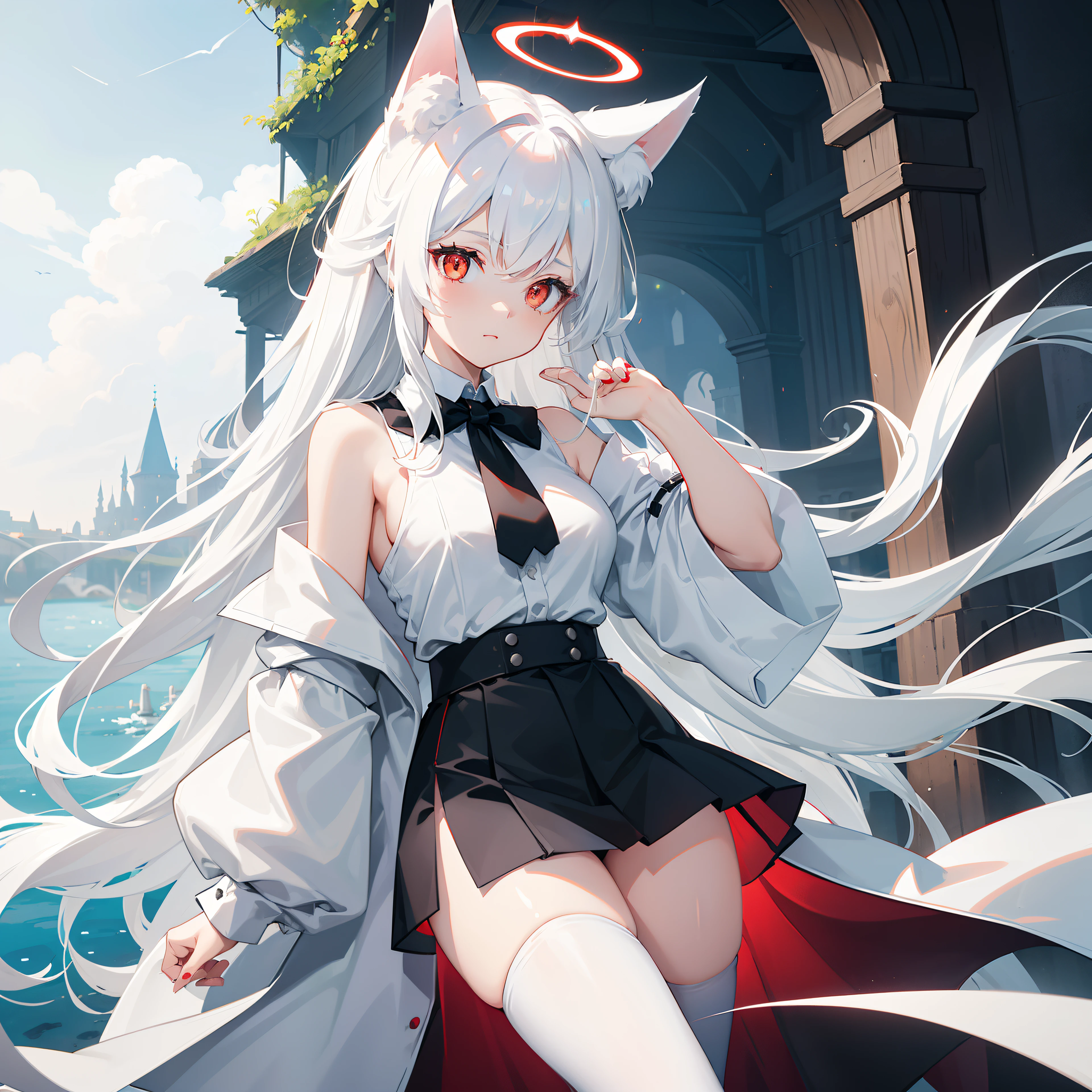 Anime girl with long white hair and a cat ears - SeaArt AI