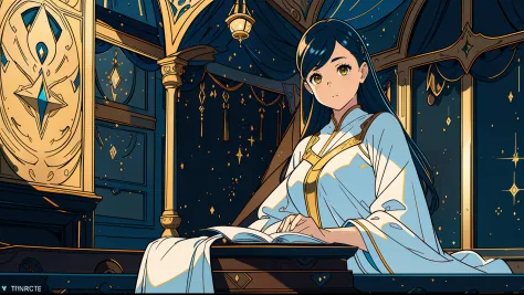 1 young girl with long blue and yellow eyes with reading a letter while sitting in private room in the night, alone, High detail...