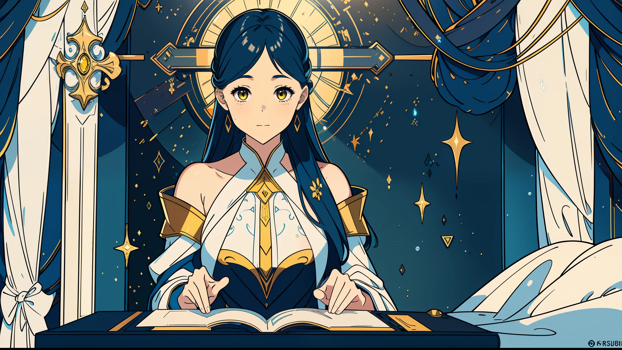 1 young girl with long blue and yellow eyes with reading a letter while sitting in private room in the night takling with mature shoulder length blue hair man  with yellow eye, High detail mature face, tie hair on the left side, golden eyes, white sleep gown, high res, ultra sharp, 8k, masterpiece, smiling, fantasy world, magical radiance background ((Best quality)), ((masterpiece)), 3D, HDR (High Dynamic Range),Ray Tracing, NVIDIA RTX, Super-Resolution, Unreal 5,Subsurface scattering, PBR Texturing, Post-processing, Anisotropic Filtering, Depth-of-field, Maximum clarity and sharpness, Multi-layered textures, Albedo and Specular maps, Surface shading, Accurate simulation of light-material interaction, Perfect proportions, Octane Render, Two-tone lighting, Wide aperture, Low ISO, White balance, Rule of thirds,8K RAW, Aura, masterpiece, best quality, Mysterious expression, magical effects like sparkles or energy, flowing robes or enchanting attire, mechanic creatures or mystical background, rim lighting, side lighting, cinematic light, ultra high res, 8k uhd, film grain, best shadow, delicate, RAW, light particles, detailed skin texture, detailed cloth texture, beautiful face, 
(masterpiece), best quality, expressive eyes, perfect face,