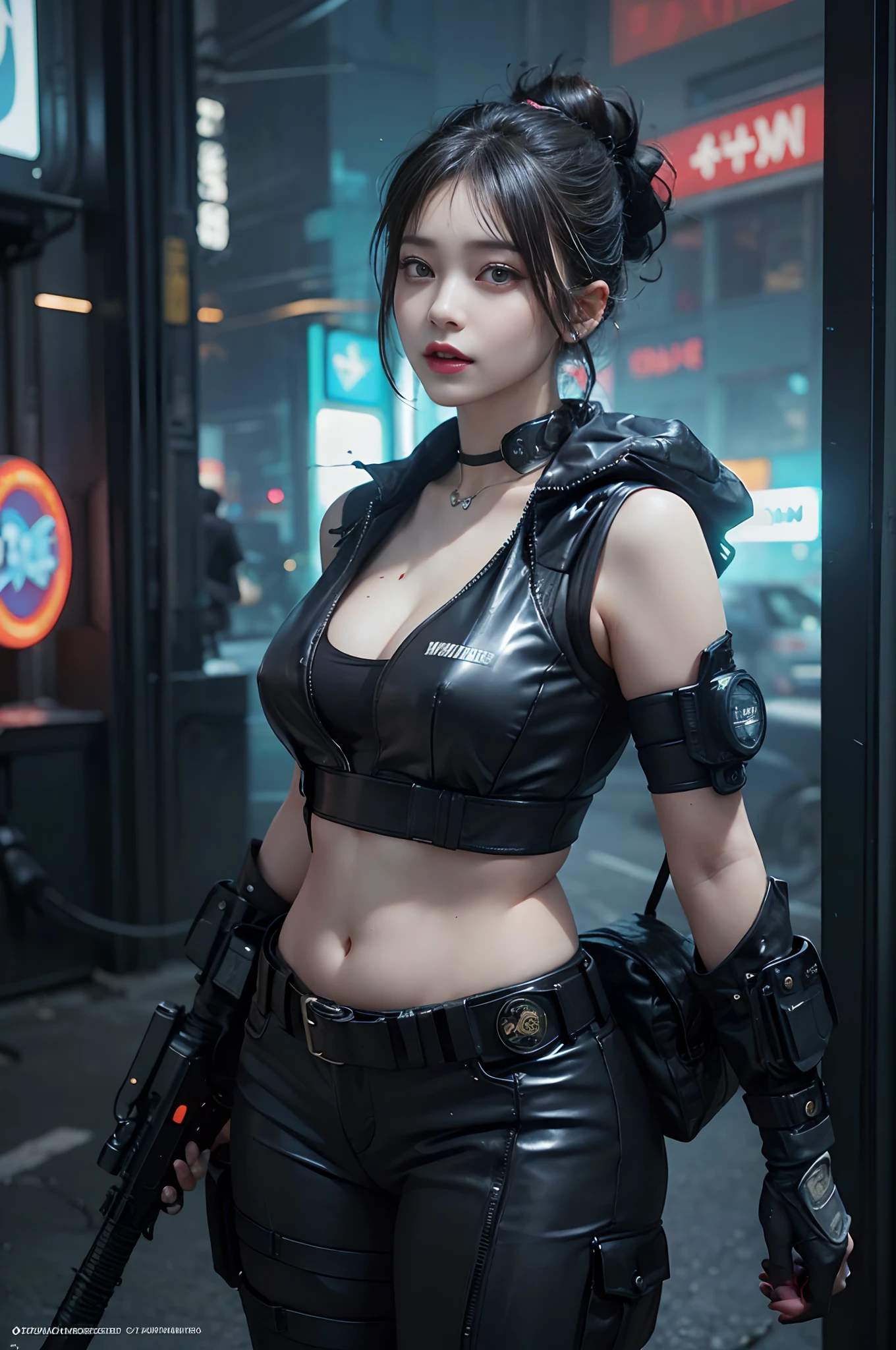 best quality, highres, textured skin, 8k, Anatomically correct, masterpiece:1.2, photo-realistic:1.2, super realistic details, Realistic proportions, extremely detailed face, round face, solid circle eyes, chubby girl, curvy:1.2, looking at viewer, (((Cyberpunk female special forces soldier:1.5, highly intricate detail cyberpunk special forces costume, special forces crest:1.3, heavy Armed girls , Armed with the cyberpunk laser rifle:1.5, modern equipment, Mechanical latex bodysuit with intricate detailing:1.4, tactical vest ,military harness, magazine belt, survival knife, midriff))), Confident smile, Various stylish ponytail, gigantic breasts, cleavage, gleaming skin, cyberpunk dystopian city, City of the Future, 2080s, night scene, Beautiful Neon Lights, No people in the background, A scene from a movie, cinematic lighting, cinematic shadows, vibrant colors, feminine yet authoritative, attention to facial features and makeup, depth of field, Futurism,