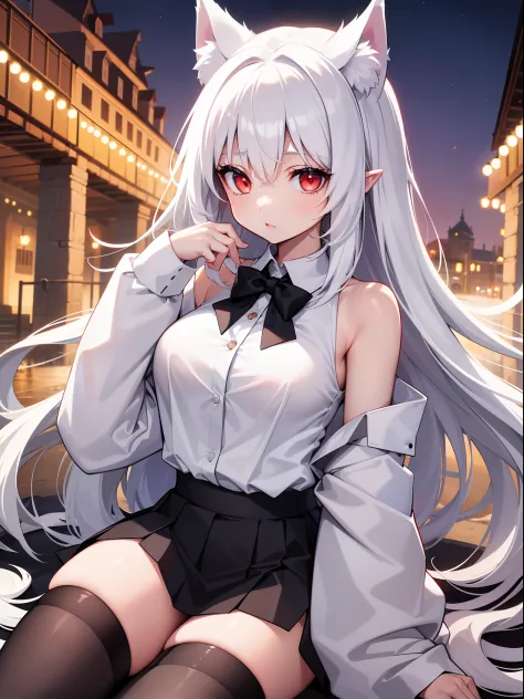 girl, young, big breasts, white long hair, red glowing eyes, white fox ears, white pointy halo, oversized shirt, white shirt, off shoulder, loose bottom shirt button, opened shirt button, black long tie, black big collar, black platted mini skirt, 5cm skir...