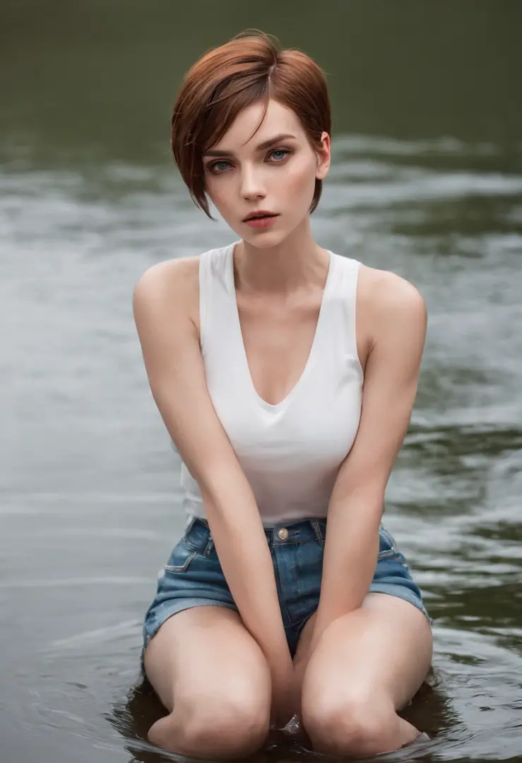 18 year old cute flirty brunette woman in ((wet leggings)), wet hair,  standing in water, soaked, braless - SeaArt AI
