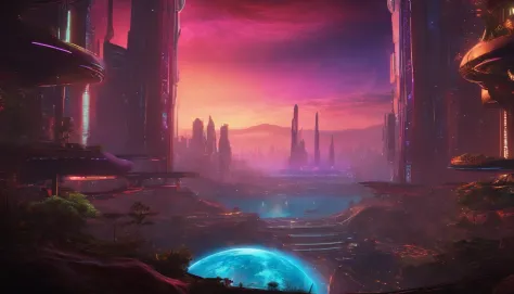 "Immerse yourself in a cyberpunk-inspired environment, A neon-lit world, Be captivated by the surreal sight of a ringed planet dominating the sky, Full of fascinating digital art."