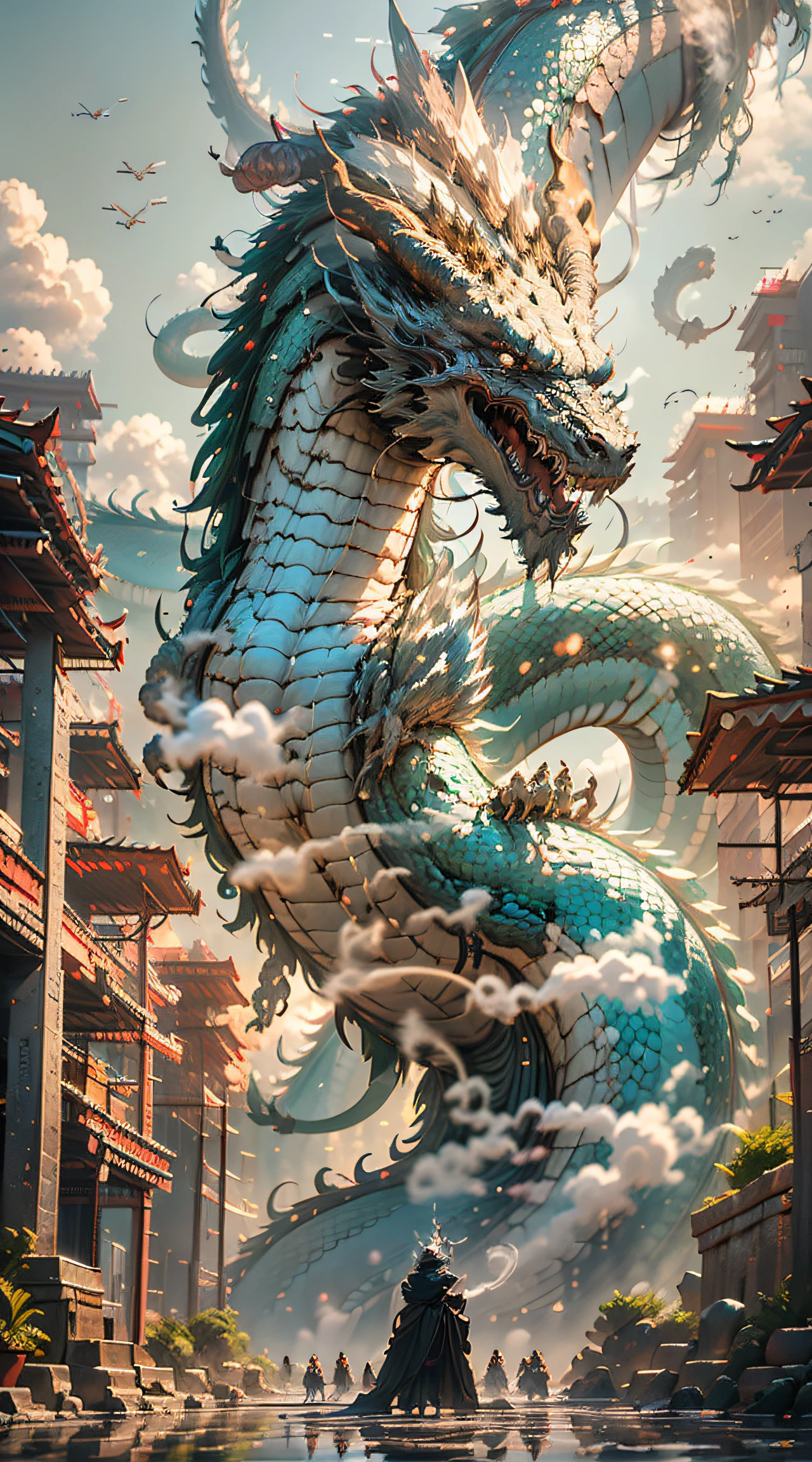 Buddha and dragon are fighting（fo：1.3）,a cassock,dharma,Like the palm of the Buddha,The Chinese White Divine Dragon soared into the air，（Buddha manipulates dragons：1.3），（Buddha turned his back to the camera：1.3），Sky clouds surround the surroundings，Light magic，Fantastic background，Meaning background，Ridiculous background，There are artistic overlayulticolored hair, surrealism, Cinematic lighting, Ray tracing, god light, speed-line, angle of view, hyper HD, Masterpiece, Best quality, Super detail, A high resolution, High quality，（Far view：1.3）