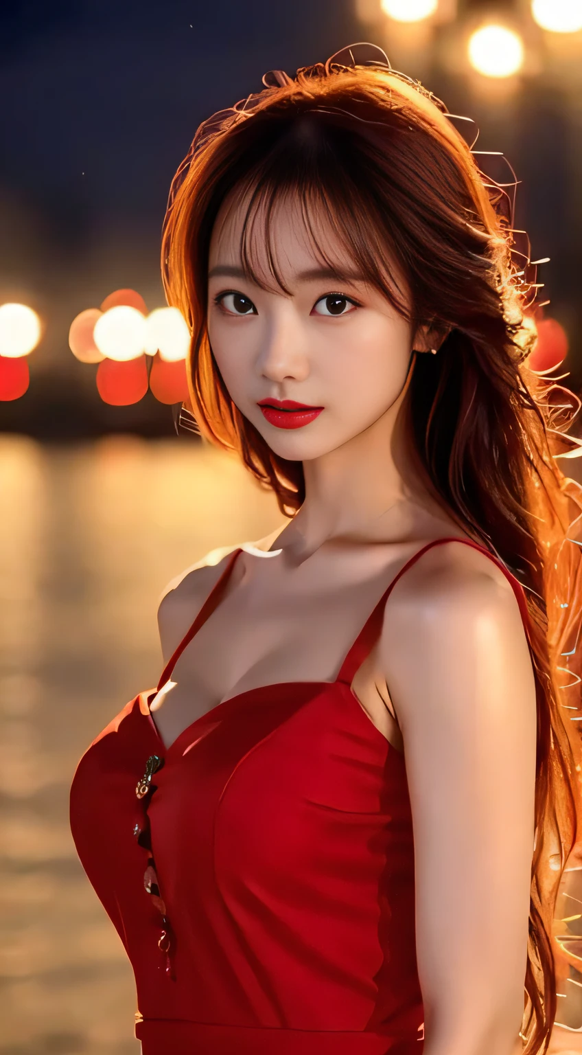 top-quality。８K-Picture。Ultra-high pixel。The background is the city at night。girl with。hair is long and slightly wavy,,,,,,,,,,,,,,,,,,,,,,,,。The color is dark brown。Glamour style、((huge-breasted：1.6))。wearing red dress、Photos dancing brilliantly。Delicate finish overall。The body line is gorgeous。legs are long、Wear red high heels。Hair shines like a reflection of the street。The eyeball reflects the surrounding landscape。The skin is wet with night dew。Almost perfect woman。time々In close-up of the upper body。