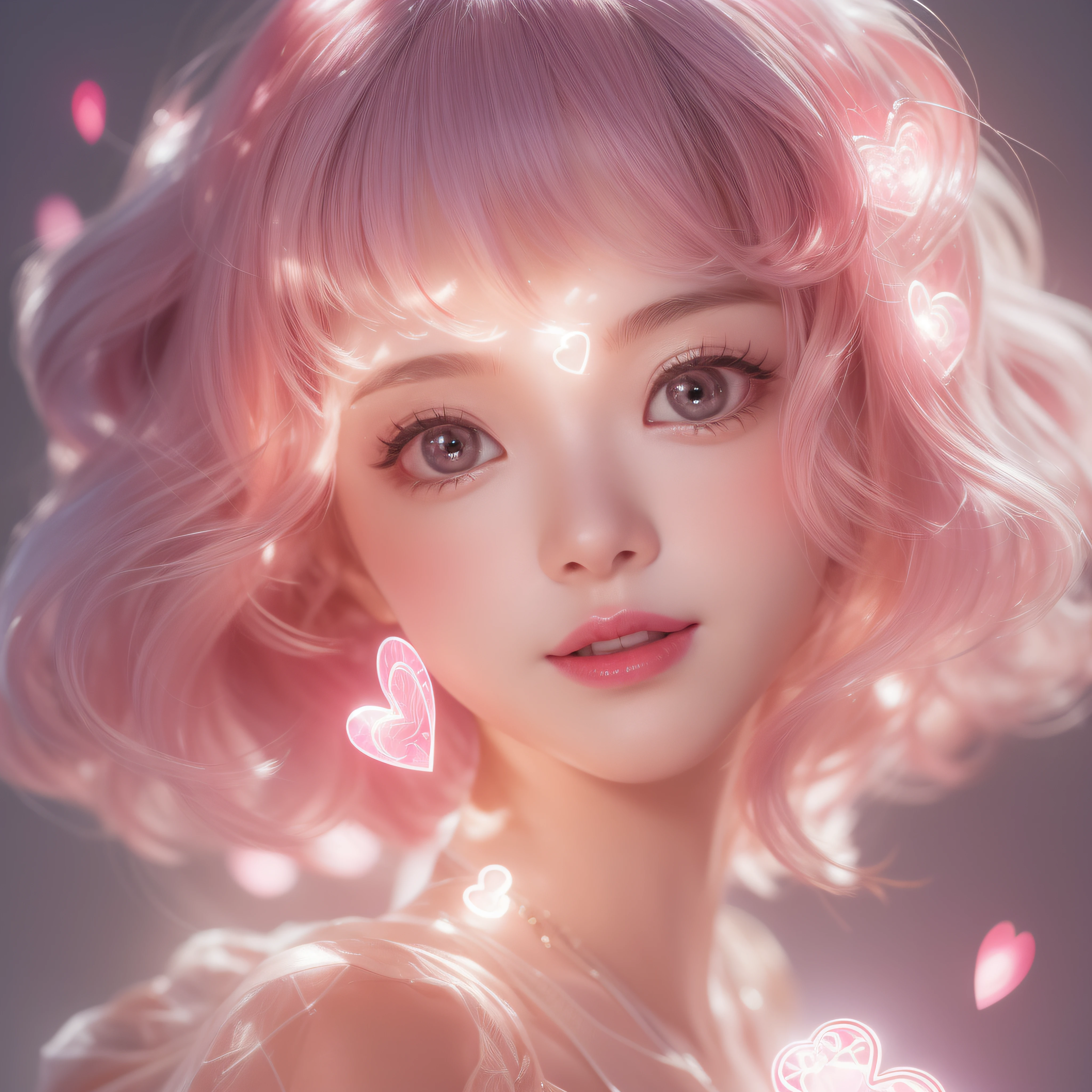 close-up of the smile face、close-up of the smile face、Designer、(realisitic、hight resolution)、(1 girl in)、Do-Up Eye、Korean Girl、(Best Quality), (masutepiece), (1girl in), Solo, a beauty girl, Perfect face, dreamlikeart、Highly detailed airbrush art((Surreal))、Volumetric lighting、(top-quality)、The ultra-detailliert、Highly detailed colorful details、(Bright lighting)、dynamic compositions、Ray traching、The mirror reflects light、Shallow depth of field、ultra-detailliert、mixing  exposure、nffsw、Her eyes are pink and glow heart-shaped、The eyes are pink-heart-shaped。Pink glowing three-dimensional heart on background、Pink glowing three-dimensional heart on background、Pink glowing three-dimensional heart on background、