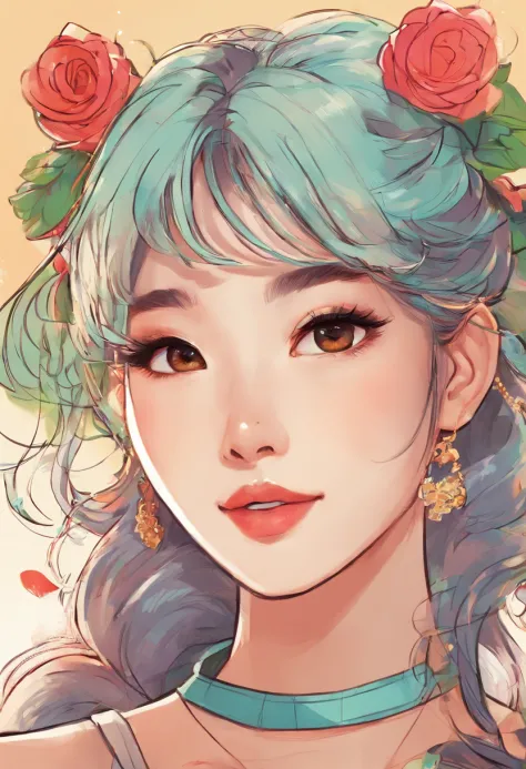 Hairstyles:  Using hair accessories like headbands, hairpins, and scrunchies to add flair and personality to their hairstyles, Super pretty 20 year old Korean girl,happy face, Cartoon style illustration, Cartoon Art Style, Cartoon Art Style, Digital illust...