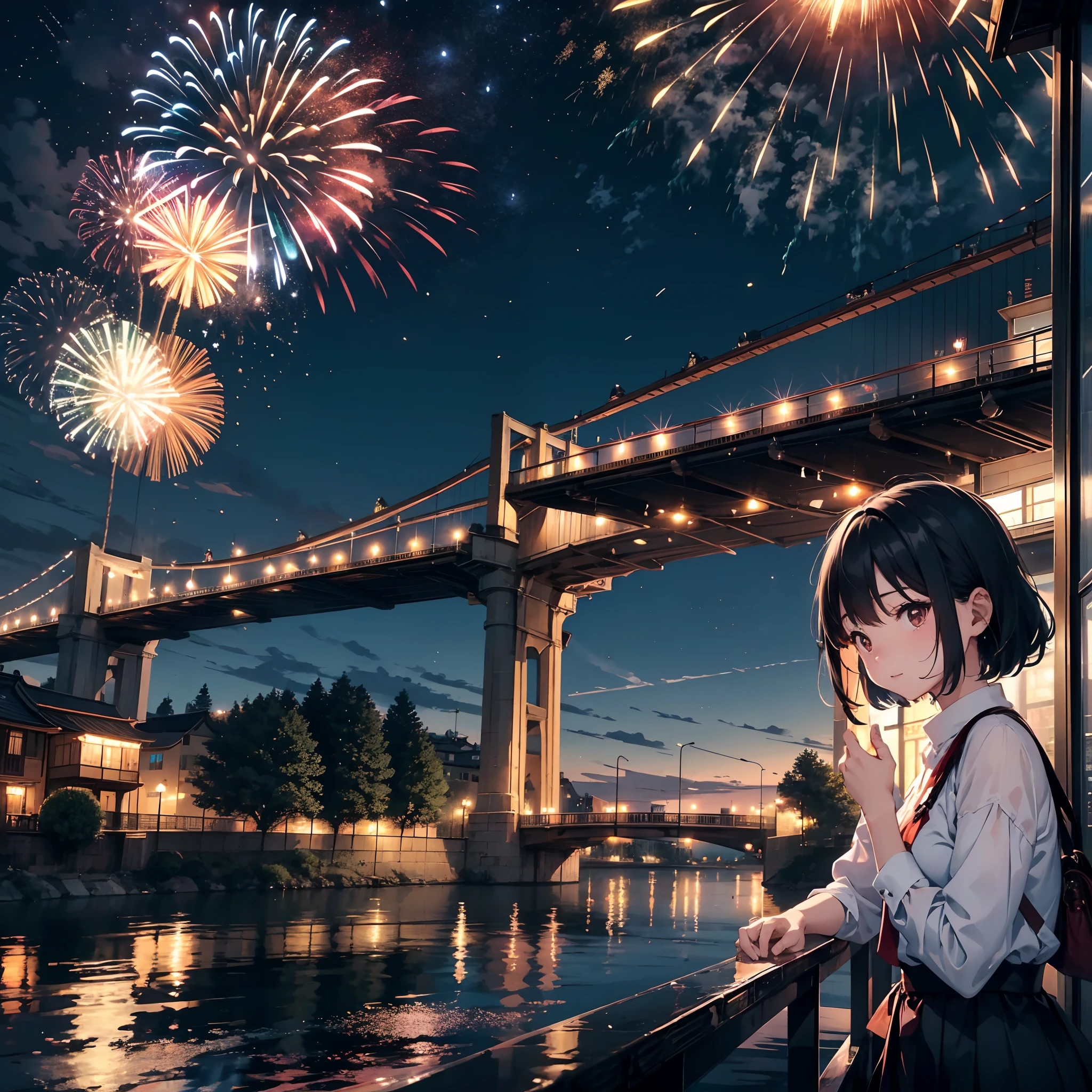 ，masterpiece, best quality，8k, ultra highres，The city is immersed in darkness late at night，Starlight dots the sky，Reflecting the darkness of the night。In this quiet and silent night，Brilliant fireworks begin to bloom，Lights up the whole city。 From a distance，A magnificent bridge spans the shining river，The bridge is covered with fireworks with a soft glow。Each firework emits a colorful light，Cut across the night sky like a shooting star，Shoot into the boundless darkness。 Along both sides of the bridge，High-rise buildings stand like giants in the city。Under this brilliant night view，The building's glass windows reflect colorful fireworks，It was as if the stars had fallen to earth。The illuminated city becomes even more colorful against the backdrop of fireworks。 Pedestrians passing by the bridge stopped one after another，Look up at the fireworks in the sky，Leave behind beautiful figures and mingle with fleeting fireworks。Their faces were filled with cheerful and contented smiles，It's as if you're in a world that belongs entirely to fireworks。 And on the surface of the river，An old boat slowly sailed by。People on board watch the brilliant fireworks on the water，Felt the romantic atmosphere。Lights are reflected on the water，Illuminated the perimeter of the boat，Make the whole scene even more magnificent。 The whole night is shrouded in the splendor of this fireworks，It brings a mysterious and fantastical atmosphere。The sound of fireworks flying echoed in the air，It brings a shocking feeling。Each firework has its own special shape and color，They bloom in the night sky、disappear，It was as if it were a brevity about the brevity of life。