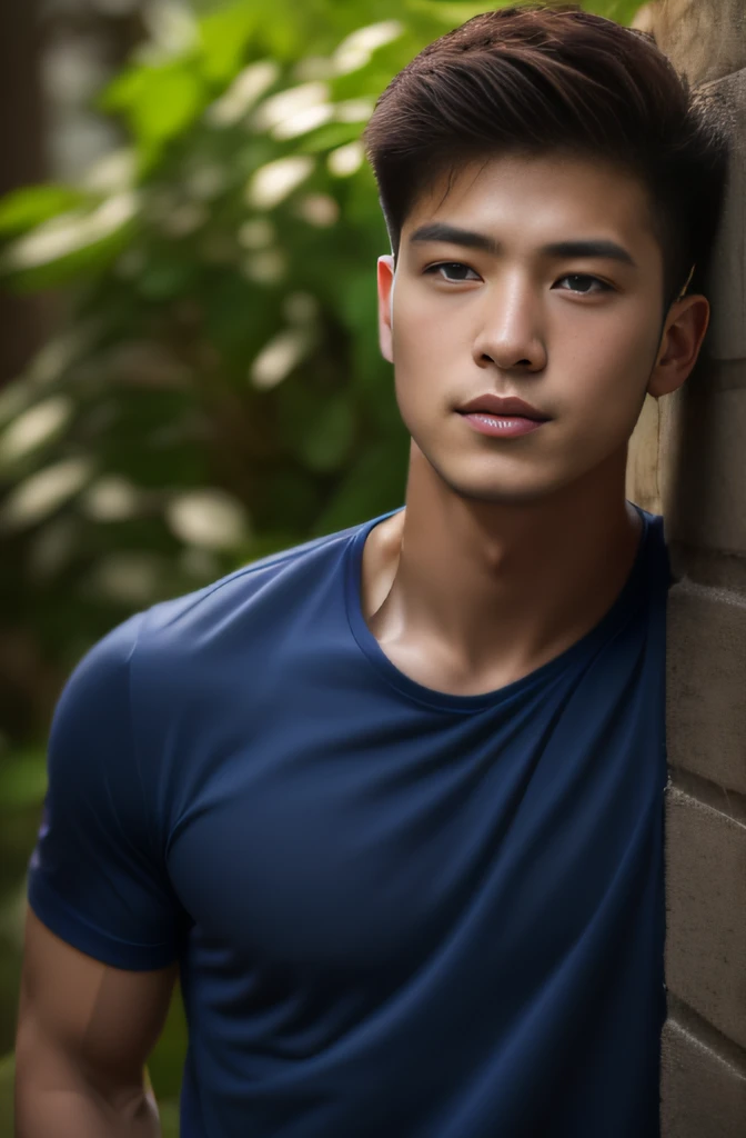 Man in his 20s poses for a photo, Wear a navy shirt................., high-res, master-piece, bestquality, head:1.3,((Hasselblad photography)), finely detailed skin, crisp focus, (Cinematic lighting), nighttime, gentle lighting, dynamic angle, [:(detailed face:1.2):0.2],(((exercise))), outside