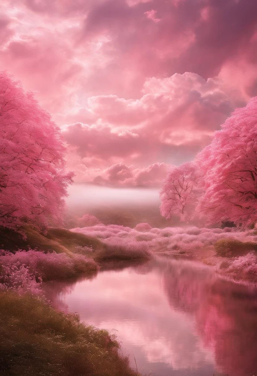 in white clouds fairyland, Dreamy Romantic, dreamy atmosphere and drama, very magical and dreamy, dreamy scene, heaven pink, On the cloud, The sky is pink, Heaven, in white clouds fairyland, Fantastic dreamy atmosphere, dreamy and ethereal, still from a music video
